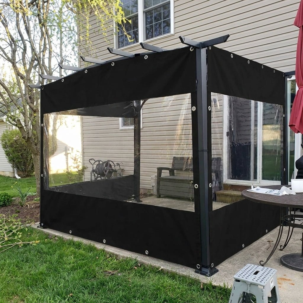 Outdoor Vorhang mit Transparentem Fenster und Ösen - Leinwandvorhang - Schwarz - Voldeva