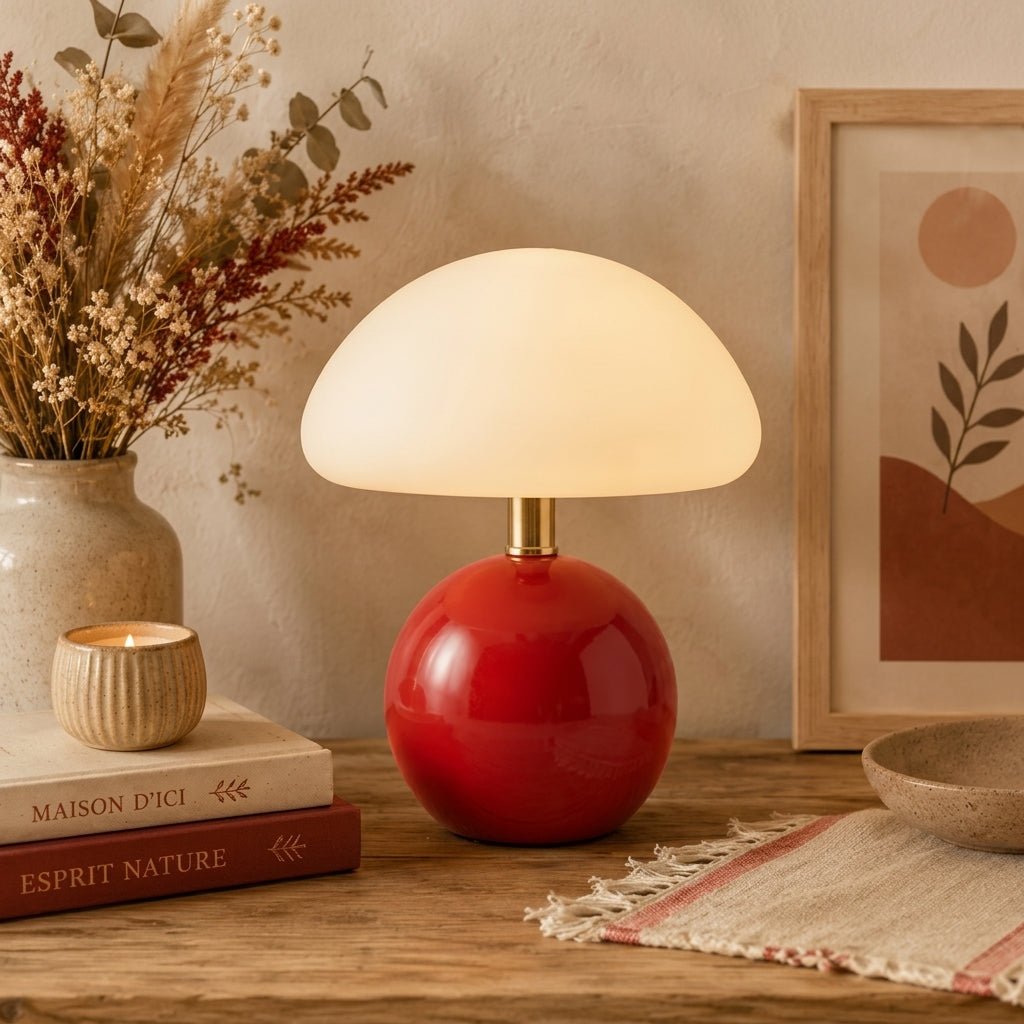 Pilz-Tischlampe mit Kuppelschirm und runder Kugelbase - Tischlampe - Rot - Voldeva