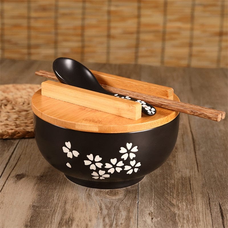 Ramen - Schüssel - Set mit Holzdeckel - Geschirr - Schwarz - Voldeva