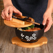 Ramen - Schüssel - Set mit Holzdeckel - Geschirr - Schwarz - Voldeva