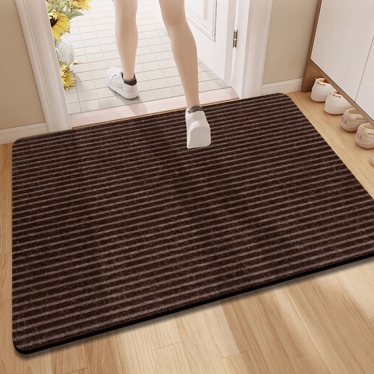 Rechteckige Eingangsmatte Gerippt Gestreift für Haustür und Flur Innenbereich - Door Mats - Dunkelbraun - Voldeva