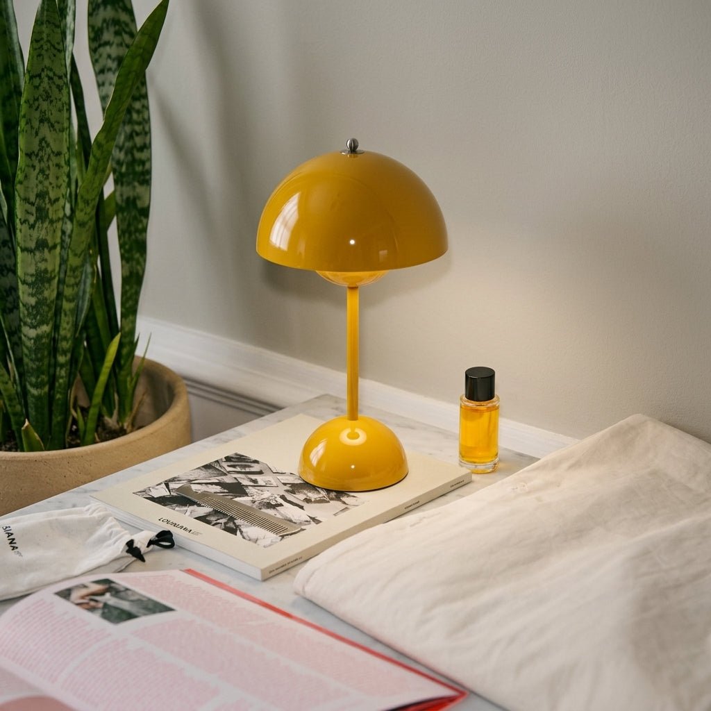 Retro-Tischlampe mit pilzförmigem Kuppelschirm - Tischlampe - Gelb - Voldeva