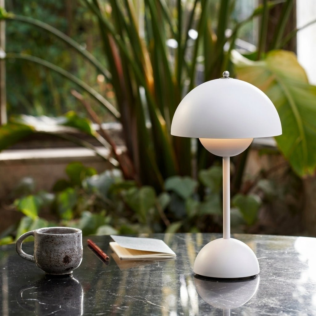 Retro-Tischlampe mit pilzförmigem Kuppelschirm - Tischlampe - Weiß - Voldeva