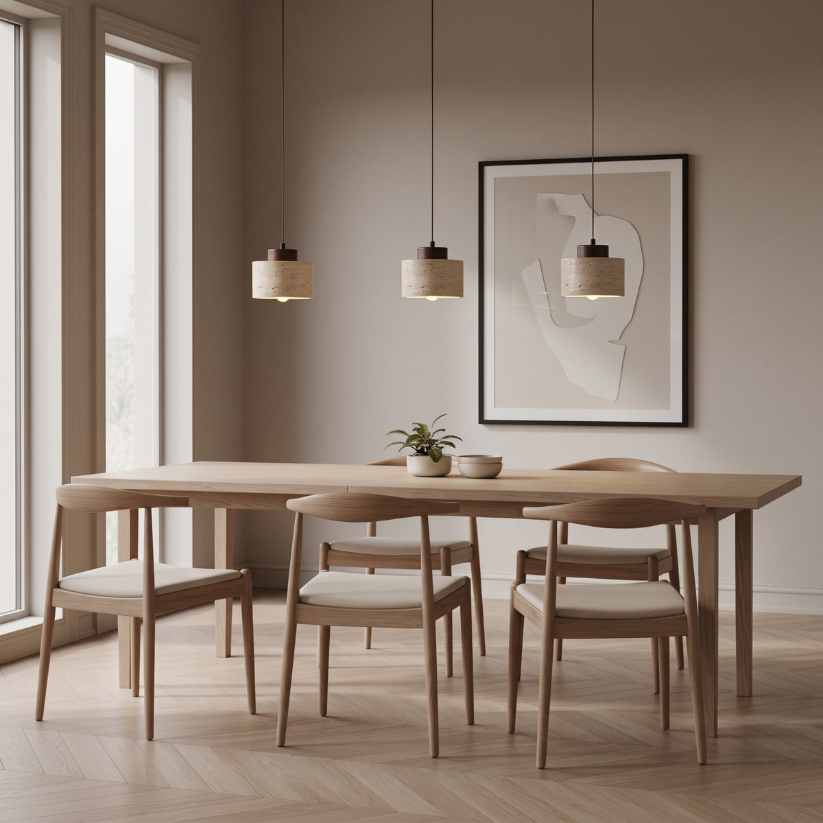 Skandinavisch Pendelleuchte Travertin Optik mit Holzfassung - Pendant Light Fixtures - Walnuss - Voldeva