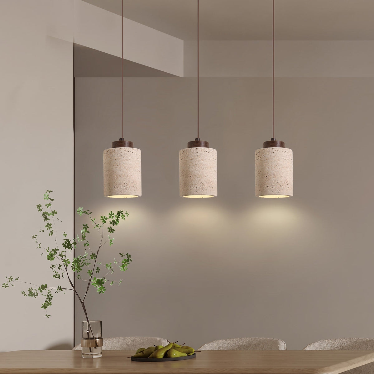 Skandinavisch Pendelleuchte Travertin Optik mit Holzfassung - Pendant Light Fixtures - Eiche - Voldeva