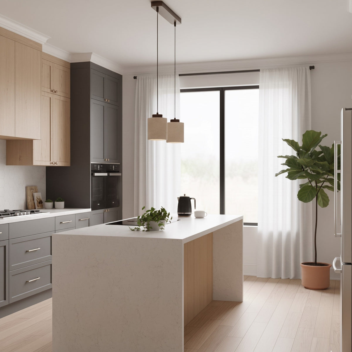 Skandinavisch Pendelleuchte Travertin Optik mit Holzfassung - Pendant Light Fixtures - Walnuss - Voldeva