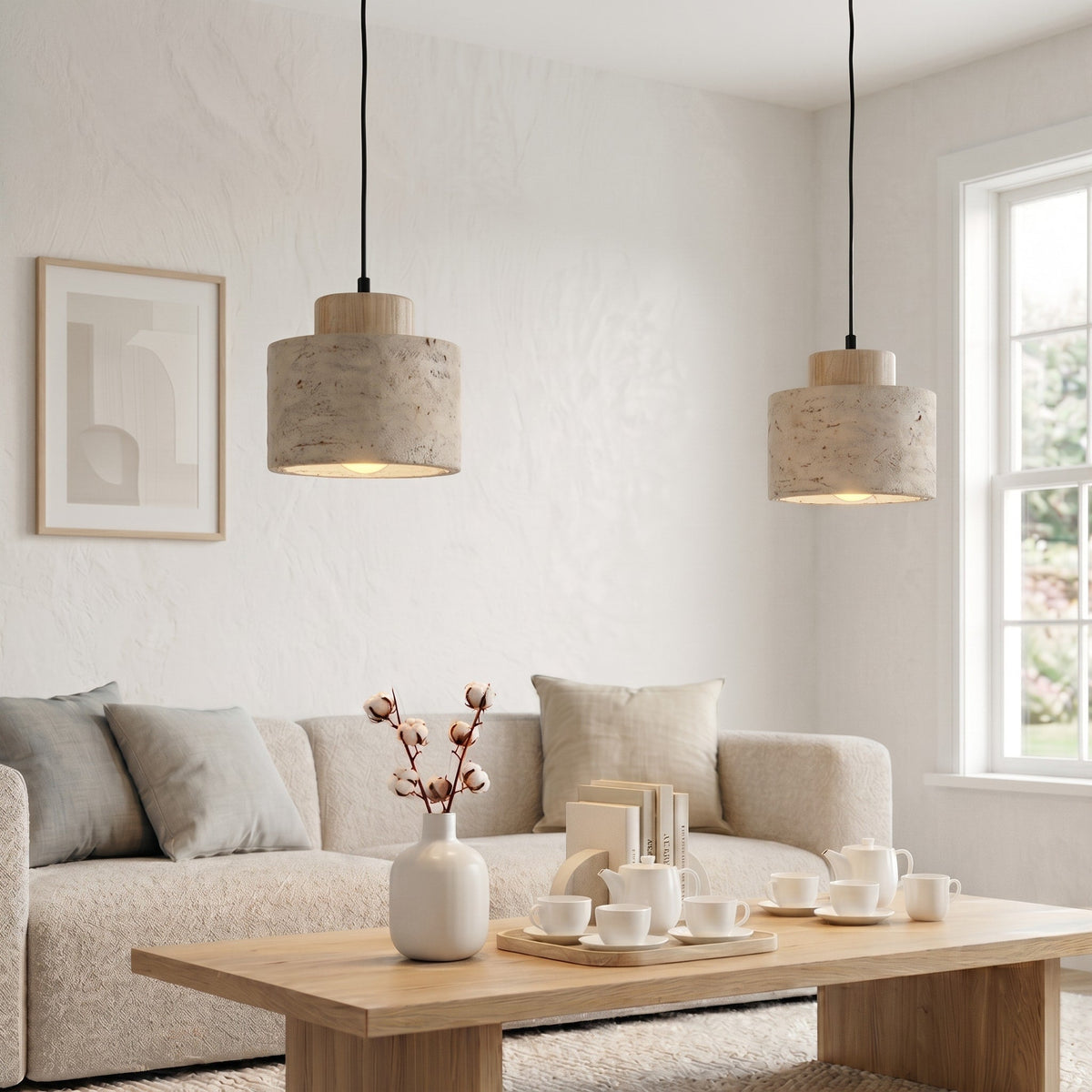 Skandinavisch Pendelleuchte Travertin Optik mit Holzfassung - Pendant Light Fixtures - Eiche - Voldeva