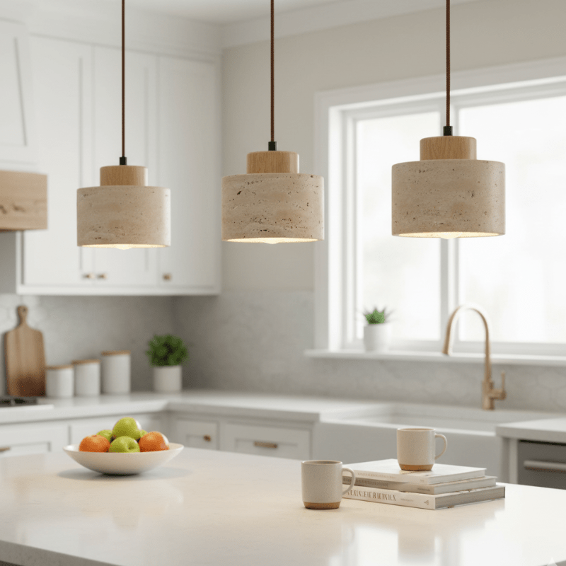 Skandinavisch Pendelleuchte Travertin Optik mit Holzfassung - Pendant Light Fixtures - Eiche - Voldeva