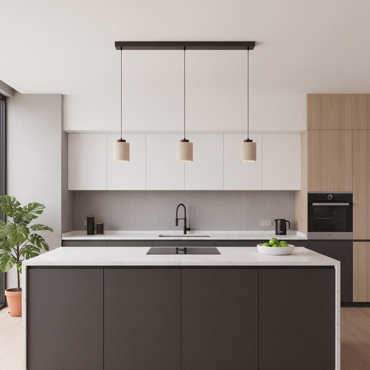 Skandinavisch Pendelleuchte Travertin Optik mit Holzfassung - Pendant Light Fixtures - Walnuss - Voldeva