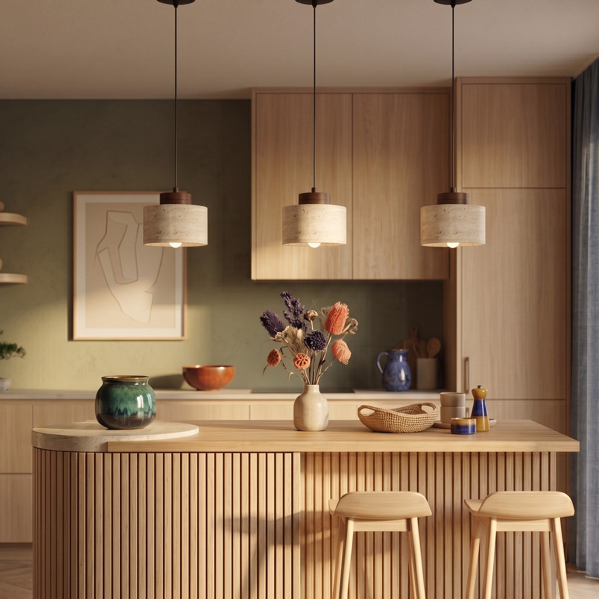 Skandinavisch Pendelleuchte Travertin Optik mit Holzfassung - Pendant Light Fixtures - Walnuss - Voldeva