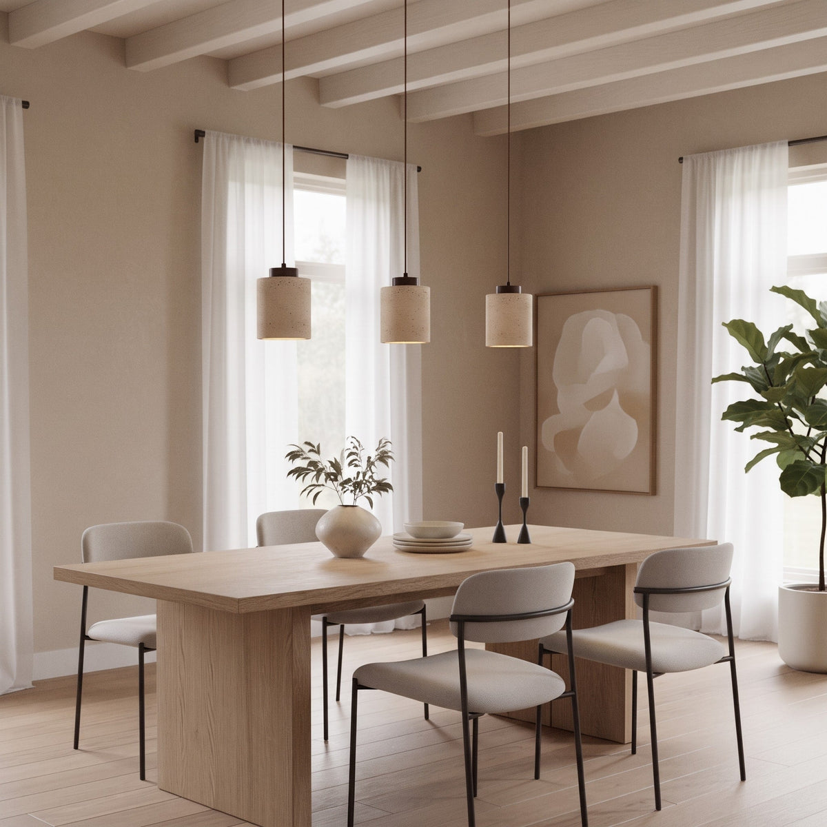 Skandinavisch Pendelleuchte Travertin Optik mit Holzfassung - Pendant Light Fixtures - Walnuss - Voldeva