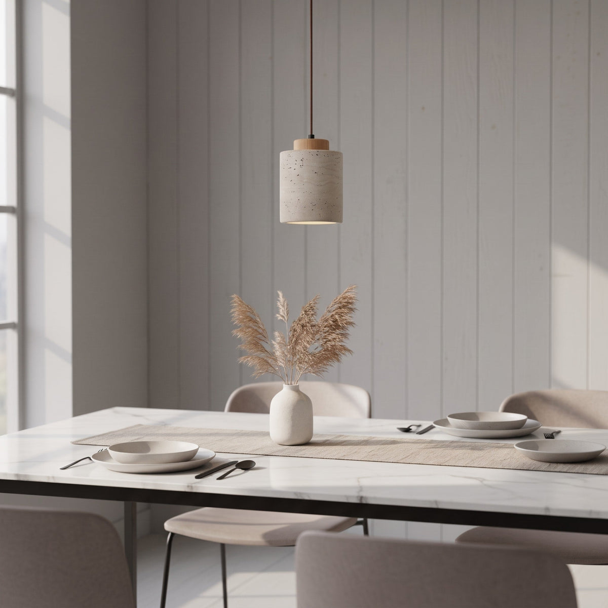 Skandinavisch Pendelleuchte Travertin Optik mit Holzfassung - Pendant Light Fixtures - Eiche - Voldeva