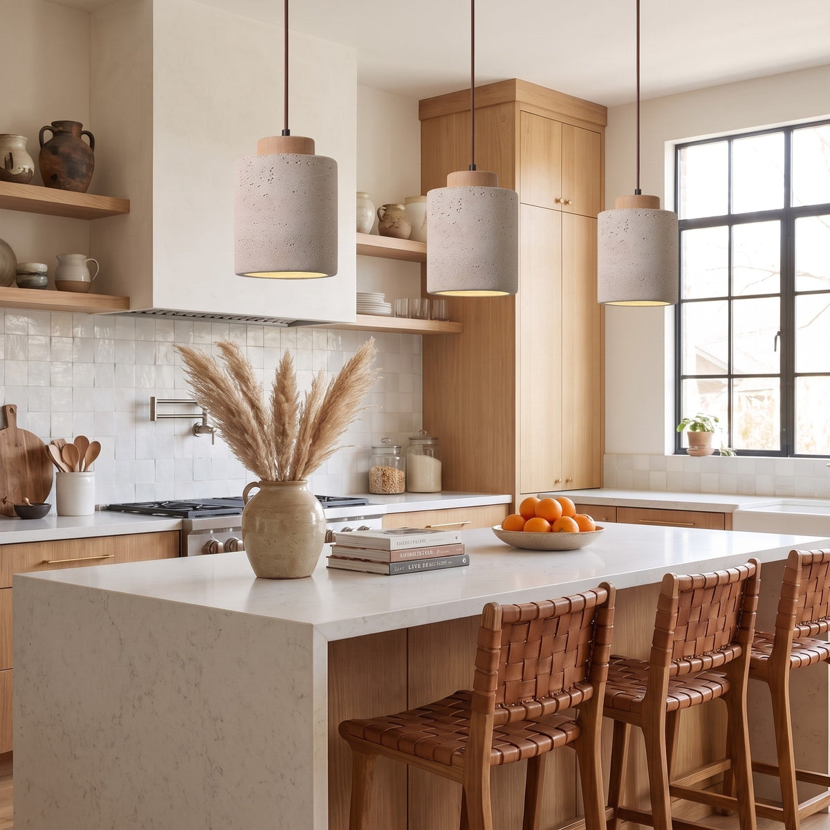 Skandinavisch Pendelleuchte Travertin Optik mit Holzfassung - Pendant Light Fixtures - Eiche - Voldeva