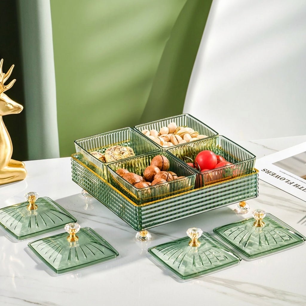 Snacktablett mit Deckel und Fächern - Snack - Tablett - Grün - Voldeva