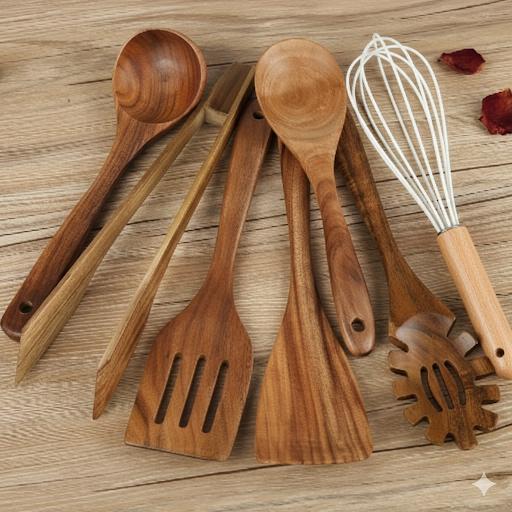 TerraChef – Luxuriöses Holz - Küchenutensilien - Set (7 - teilig) für stilvolles & sicheres Kochen - Kitchen Utensils - Voldeva