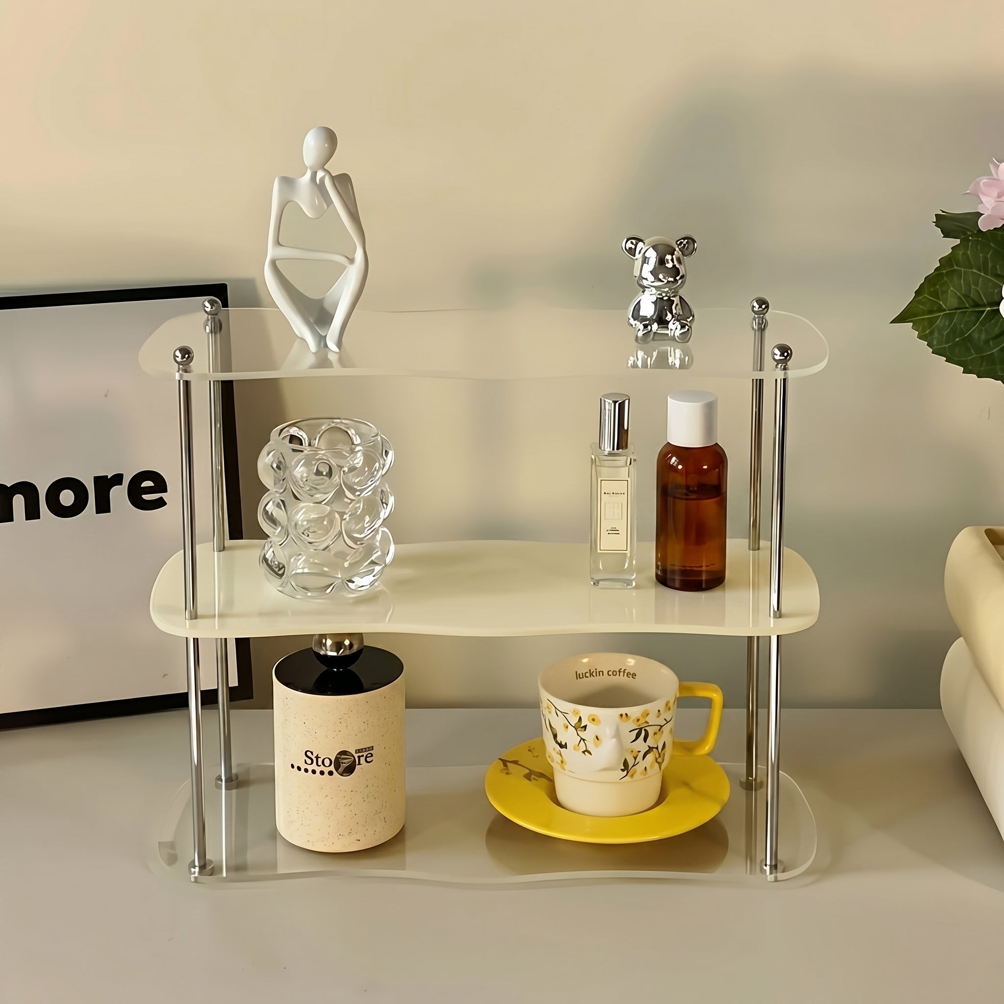 Tisch-Organizer 2-stöckig mit Geschwungener Ablage - Schreibtisch-Organizer - Creme - Voldeva