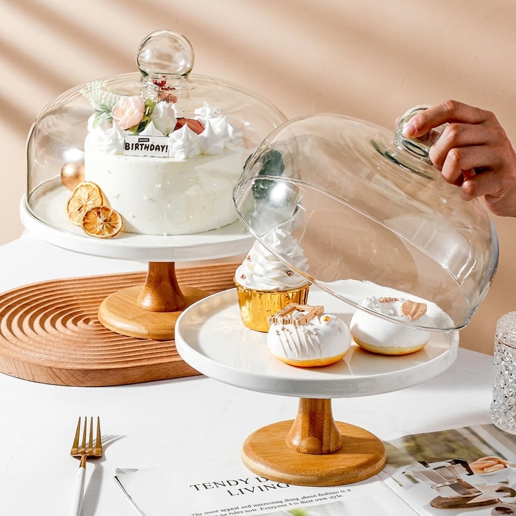 Tortenständer mit Glasglocke für Süßspeisen und Desserts - Tortenständer - Weiß - Voldeva
