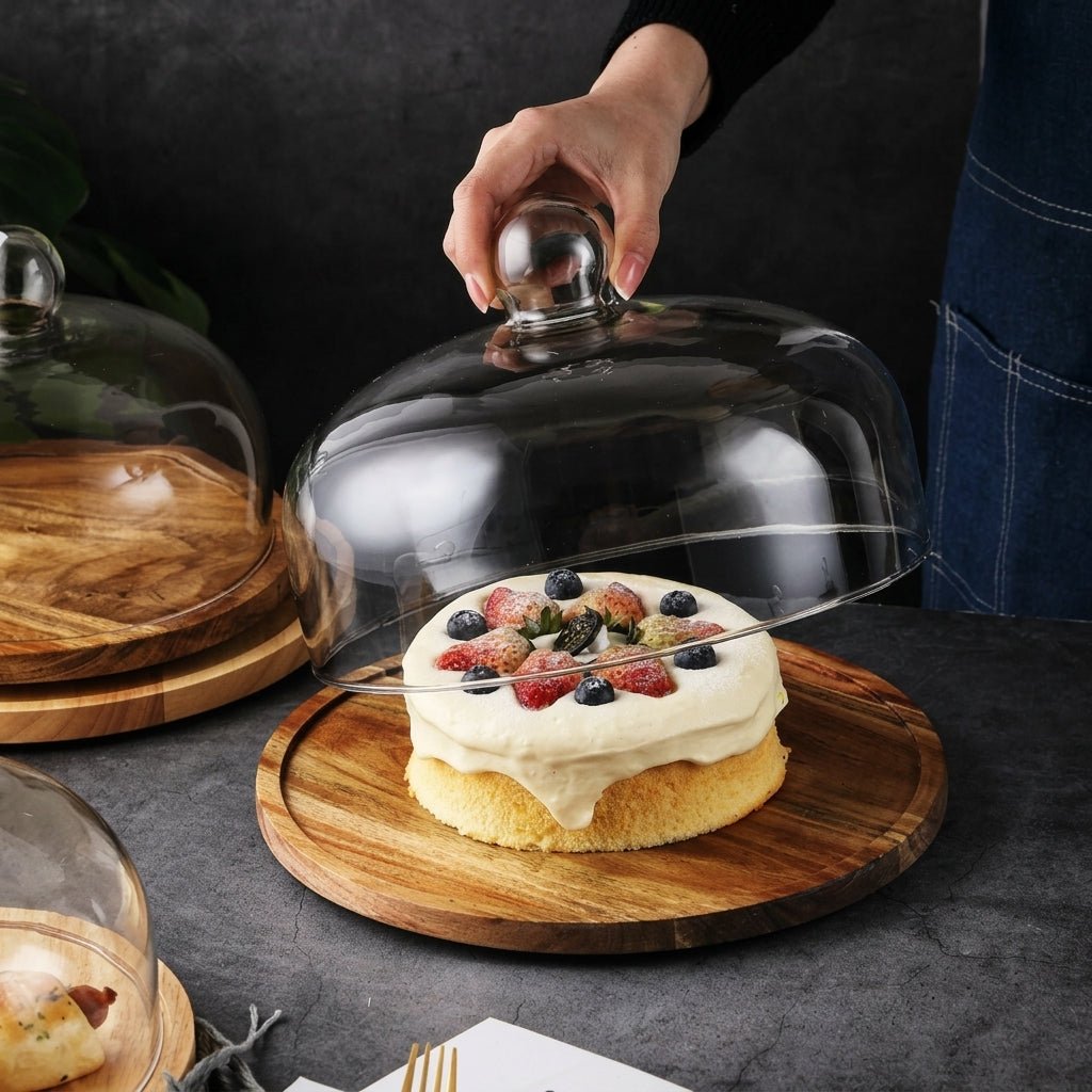 Tortenständer mit Glasglocke für Süßspeisen und Desserts - Tortenständer - Braun - Voldeva