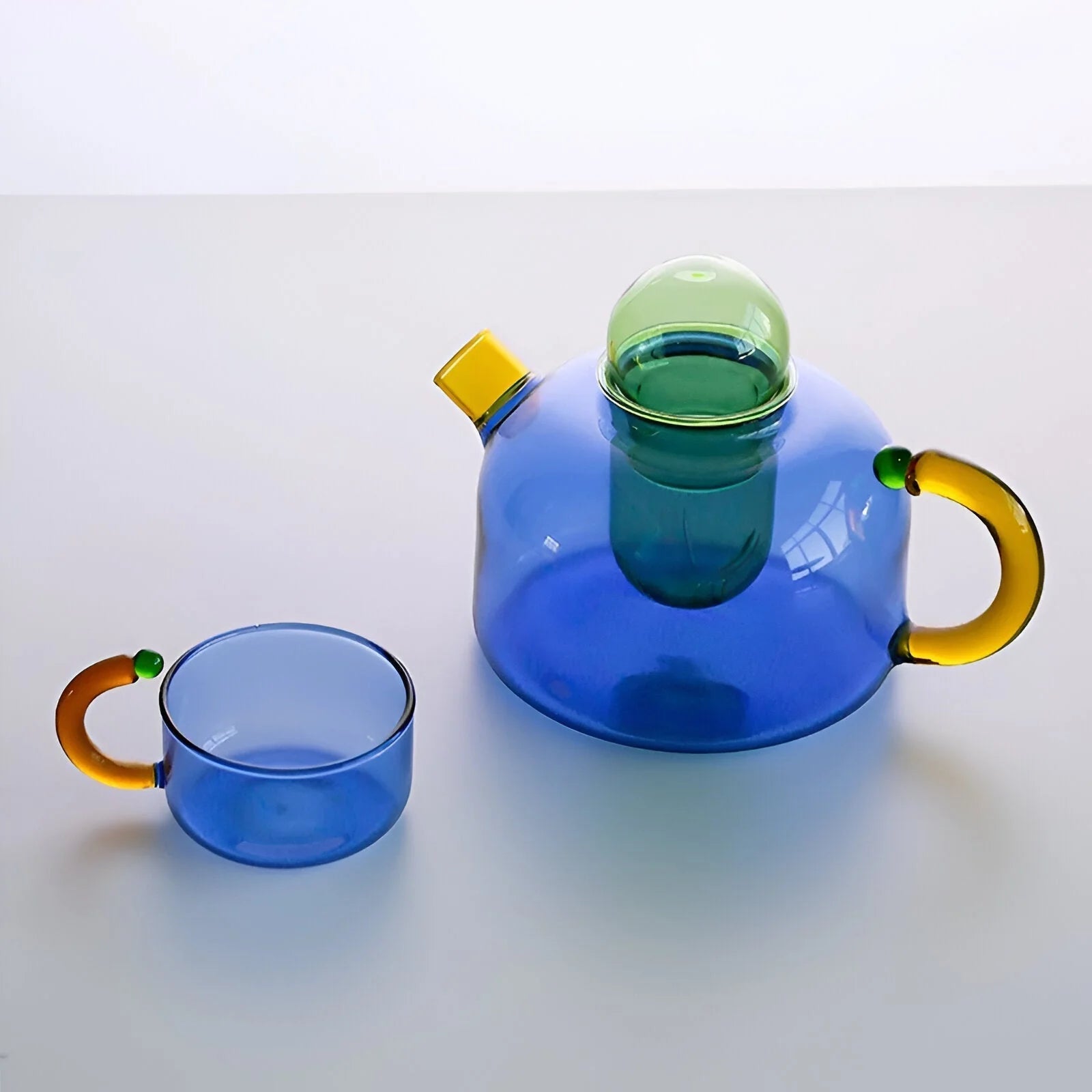 Transparente Teekanne mit Tassen aus Borosilikatglas - Teekanne - Blau - Voldeva