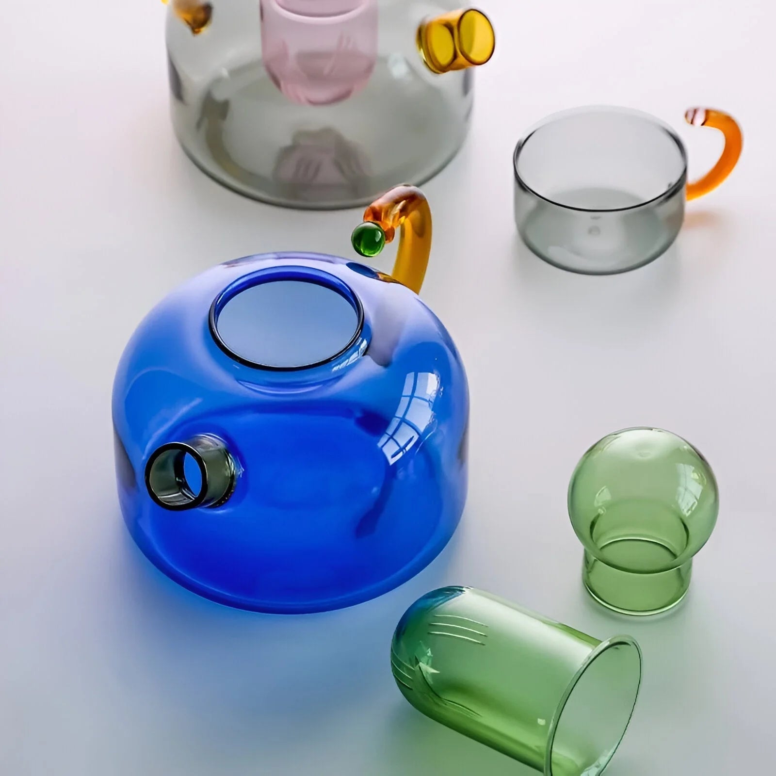 Transparente Teekanne mit Tassen aus Borosilikatglas - Teekanne - Blau - Voldeva