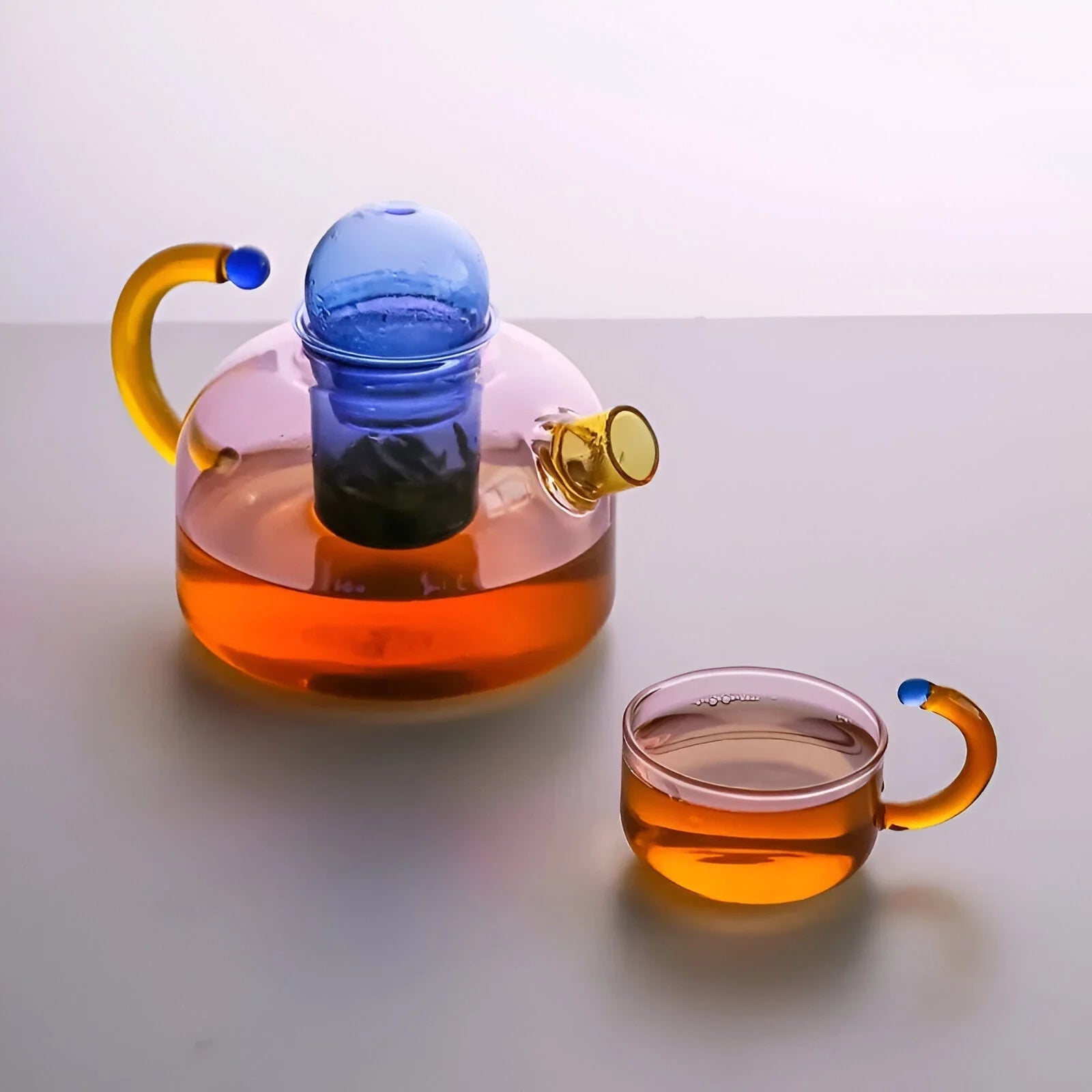 Transparente Teekanne mit Tassen aus Borosilikatglas - Teekanne - Rosa - Voldeva