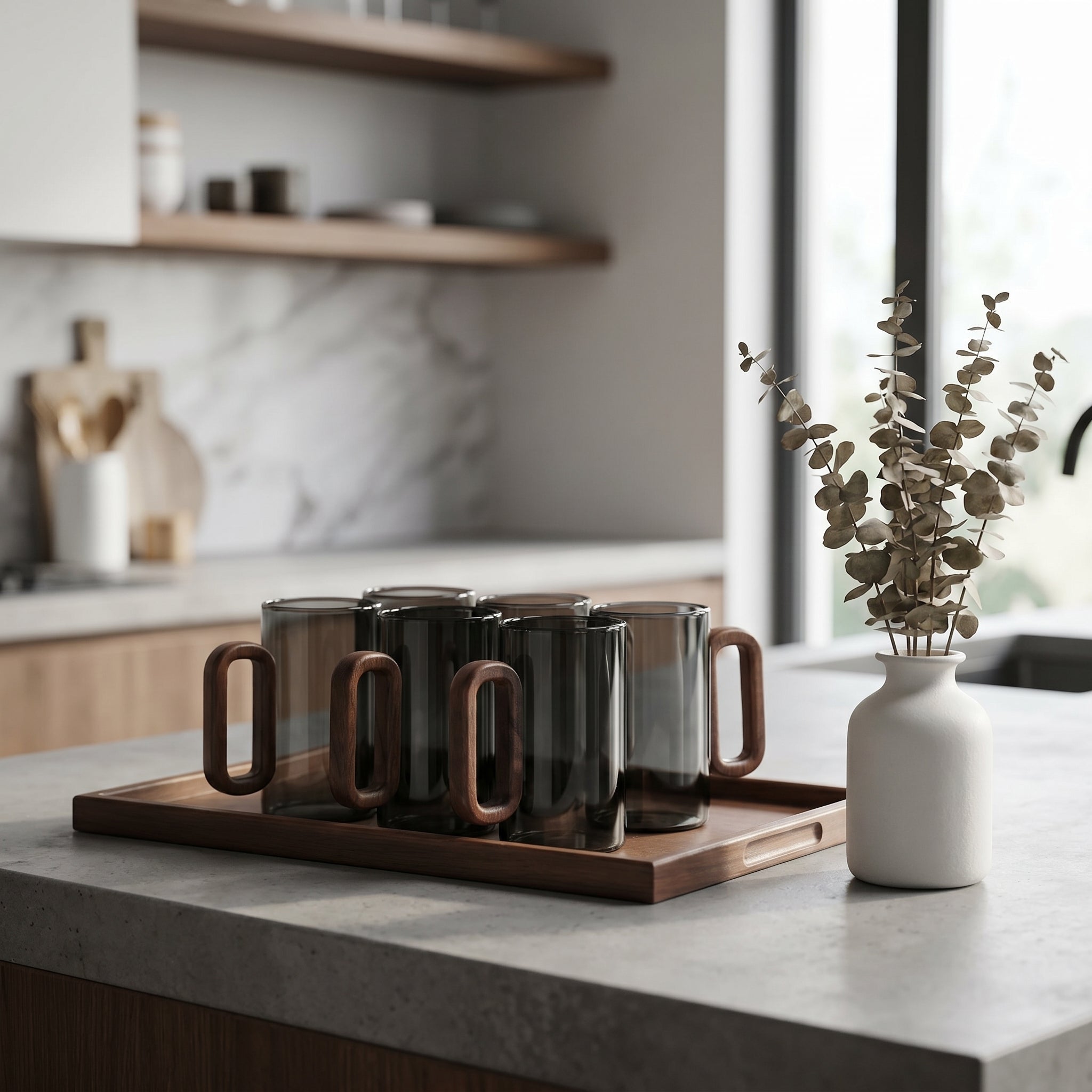 Transparenter Kaffeebecher mit Holzgriff - Trinkgeschirr - Voldeva
