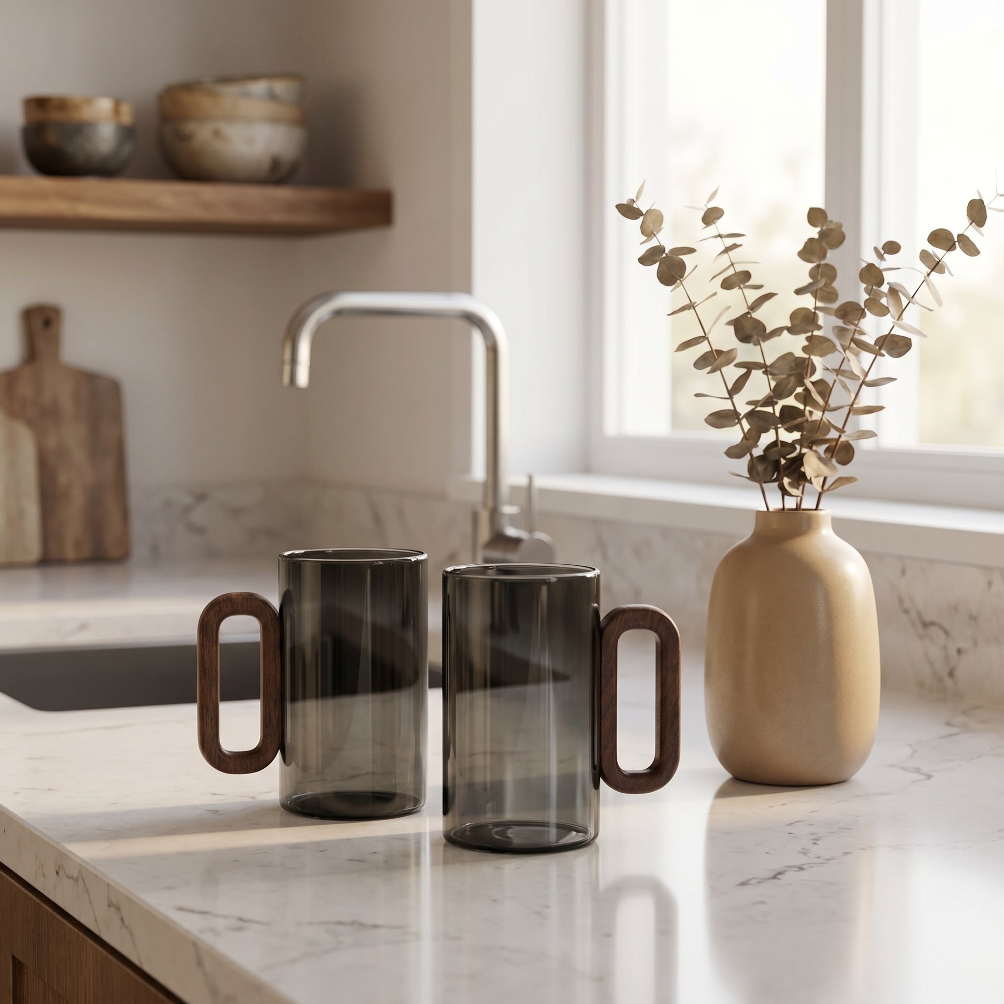 Transparenter Kaffeebecher mit Holzgriff - Trinkgeschirr - Voldeva