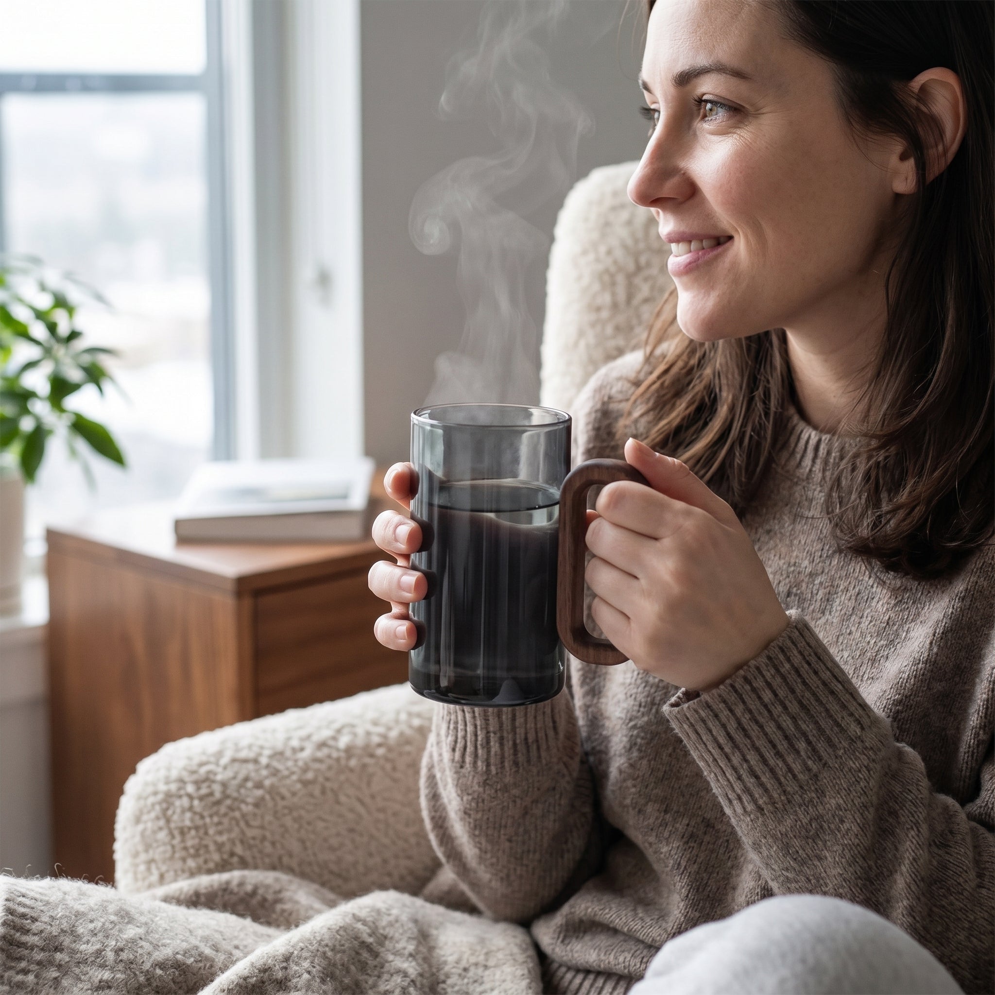 Transparenter Kaffeebecher mit Holzgriff - Trinkgeschirr - Voldeva