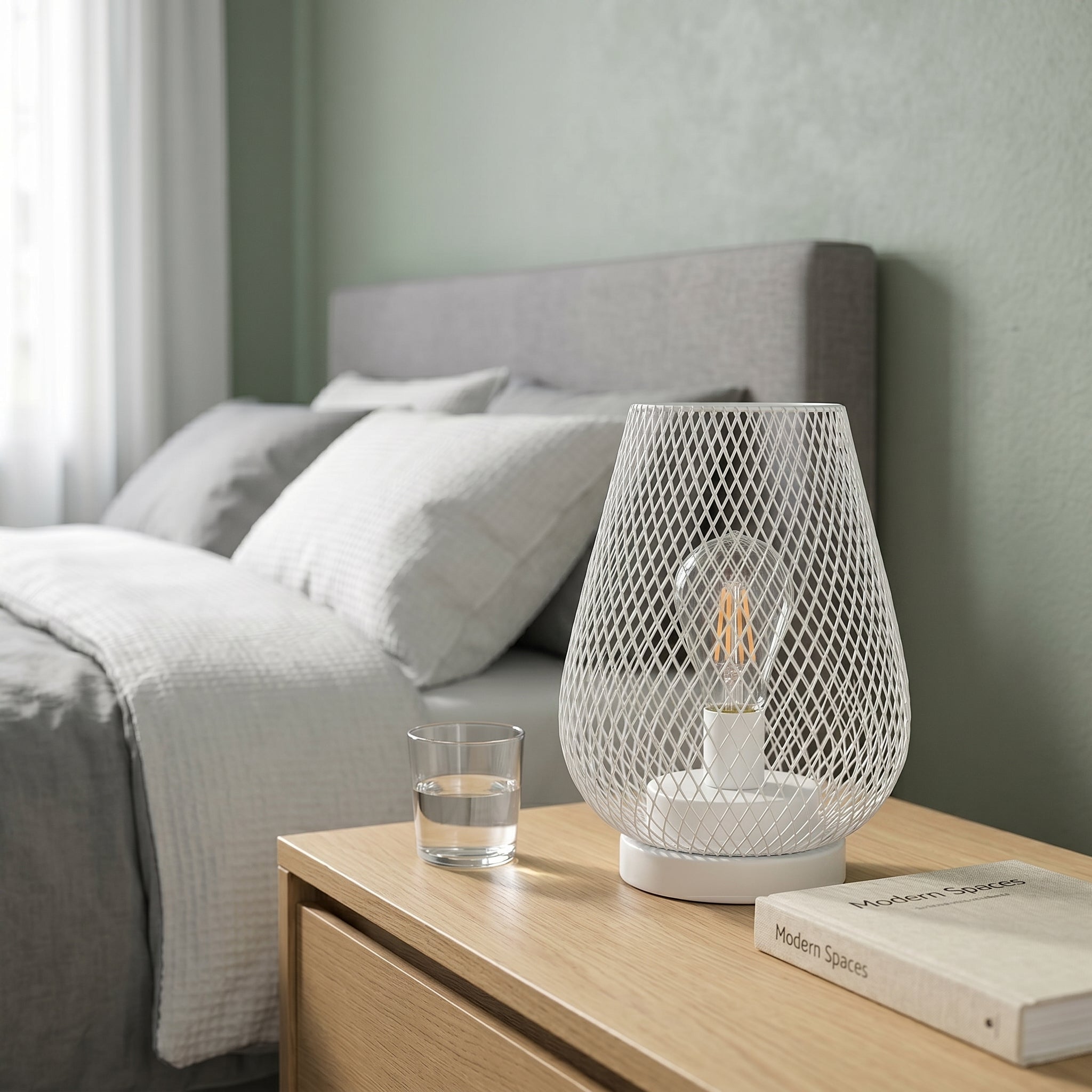 Tropfenförmiger Kabelloser Lampenschirm mit Metallgitter - Design - Tischlampen - Weiß - Voldeva