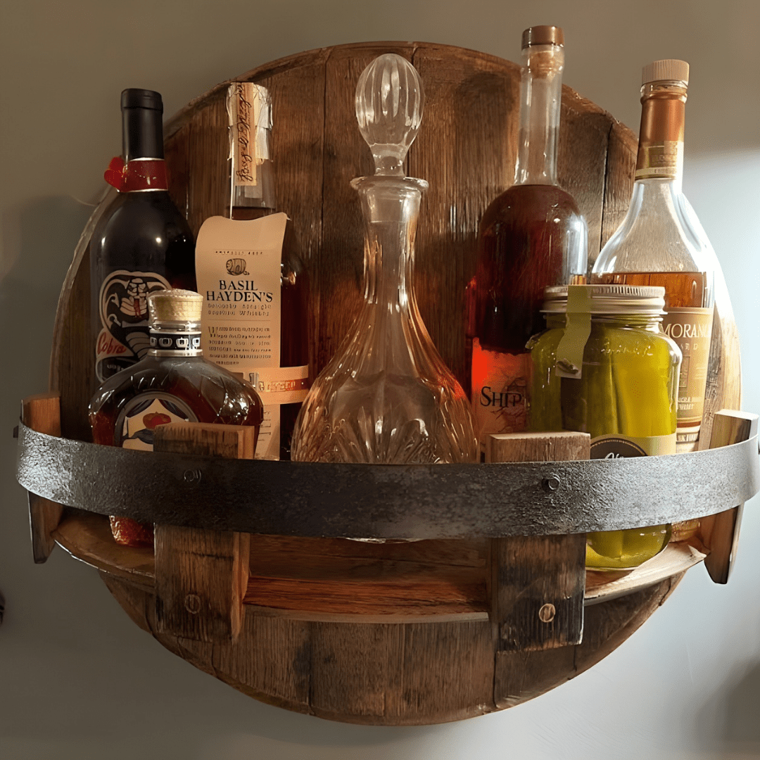 Wandregal aus Echtholz im rustikalen Weinfass - Design - Voldeva
