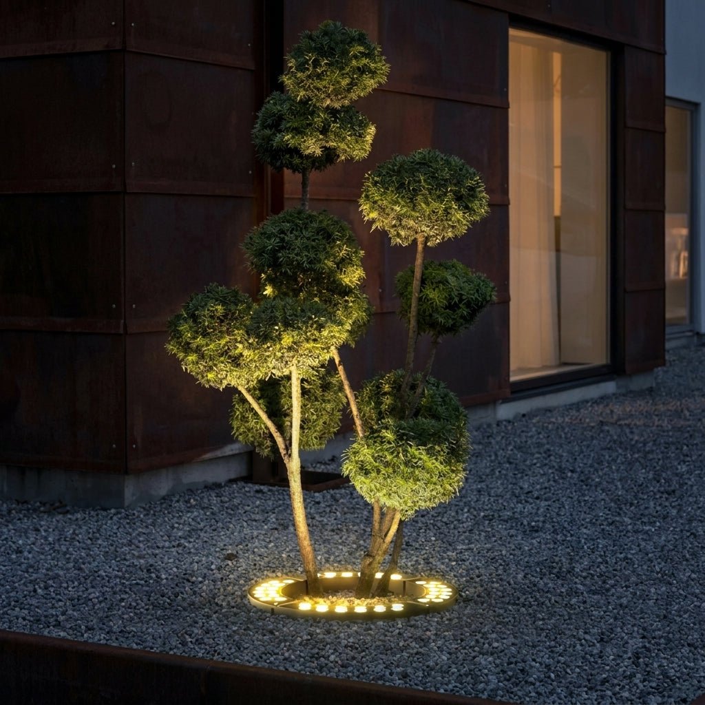Wasserdichte ringförmige LED - Baum - Strahler mit Erdspießen - Außenbeleuchtung - 5 Gruppen – Ø 30.5x42.5 cm × H 7.5 cm - Voldeva