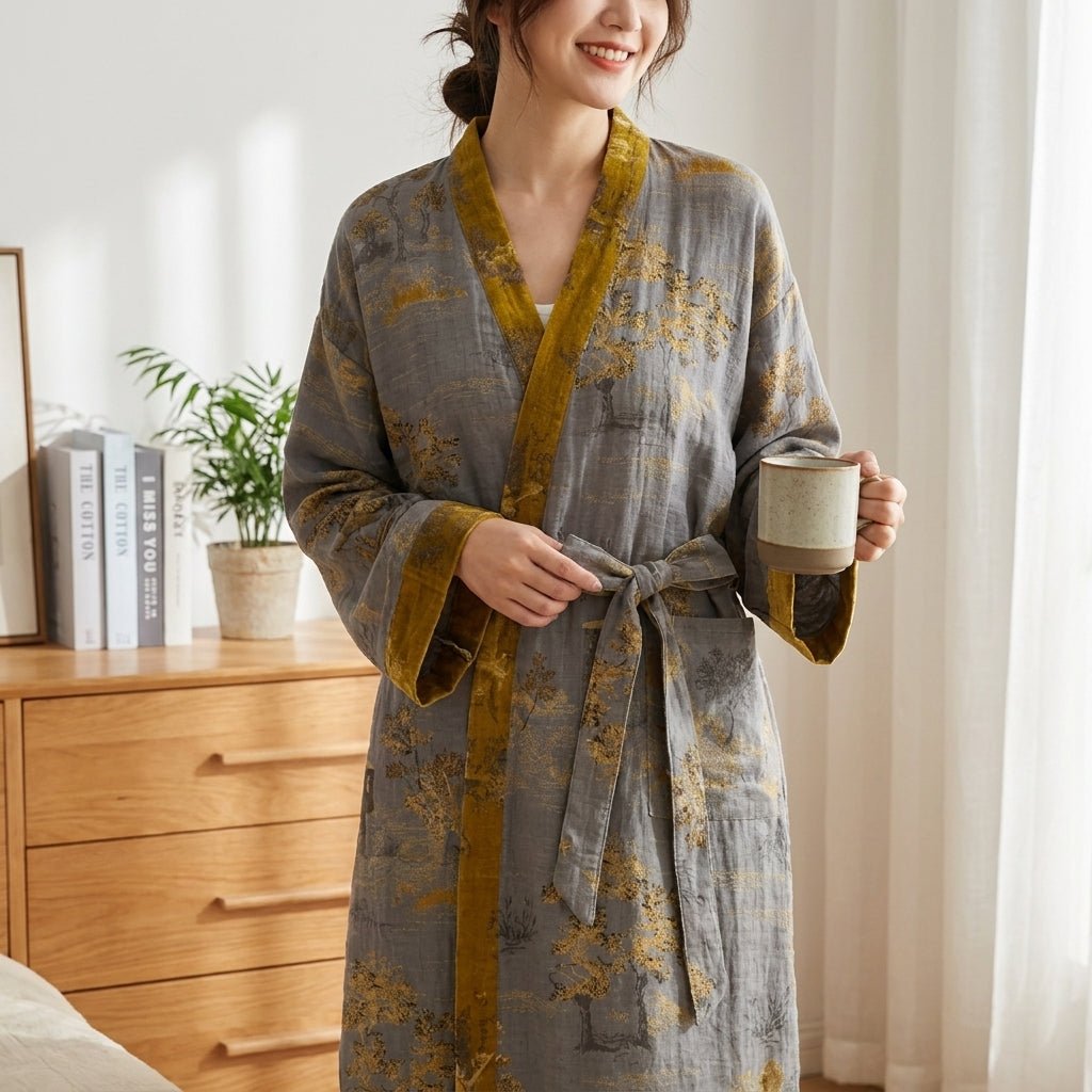 Weit geschnittener Bademantel im Kimono - Stil - Bademantel - Grau - Voldeva