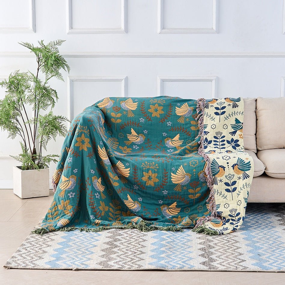 Wendbare Baumwolldecke Mit Vogel - Und Blumenmuster - Decke - 150x200cm - Voldeva
