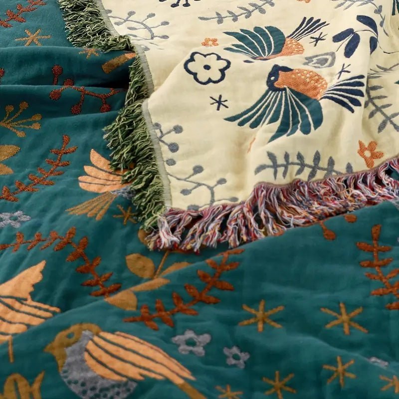 Wendbare Baumwolldecke Mit Vogel - Und Blumenmuster - Decke - 150x200cm - Voldeva