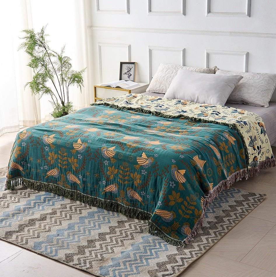 Wendbare Baumwolldecke Mit Vogel - Und Blumenmuster - Decke - 150x200cm - Voldeva