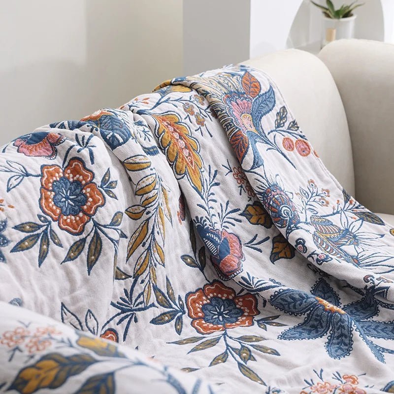Wendedecke mit floralem Muster und Fransen - Decke - 150x200 cm - Voldeva