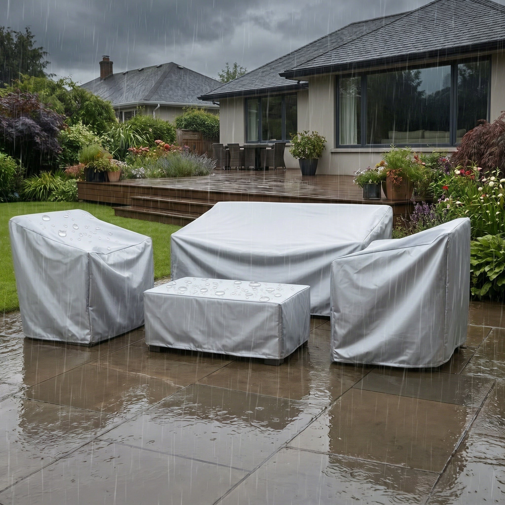 Wetterfeste Schutzhüllen für Gartenmöbel im Set - Möbelabdeckung - Silber - Voldeva
