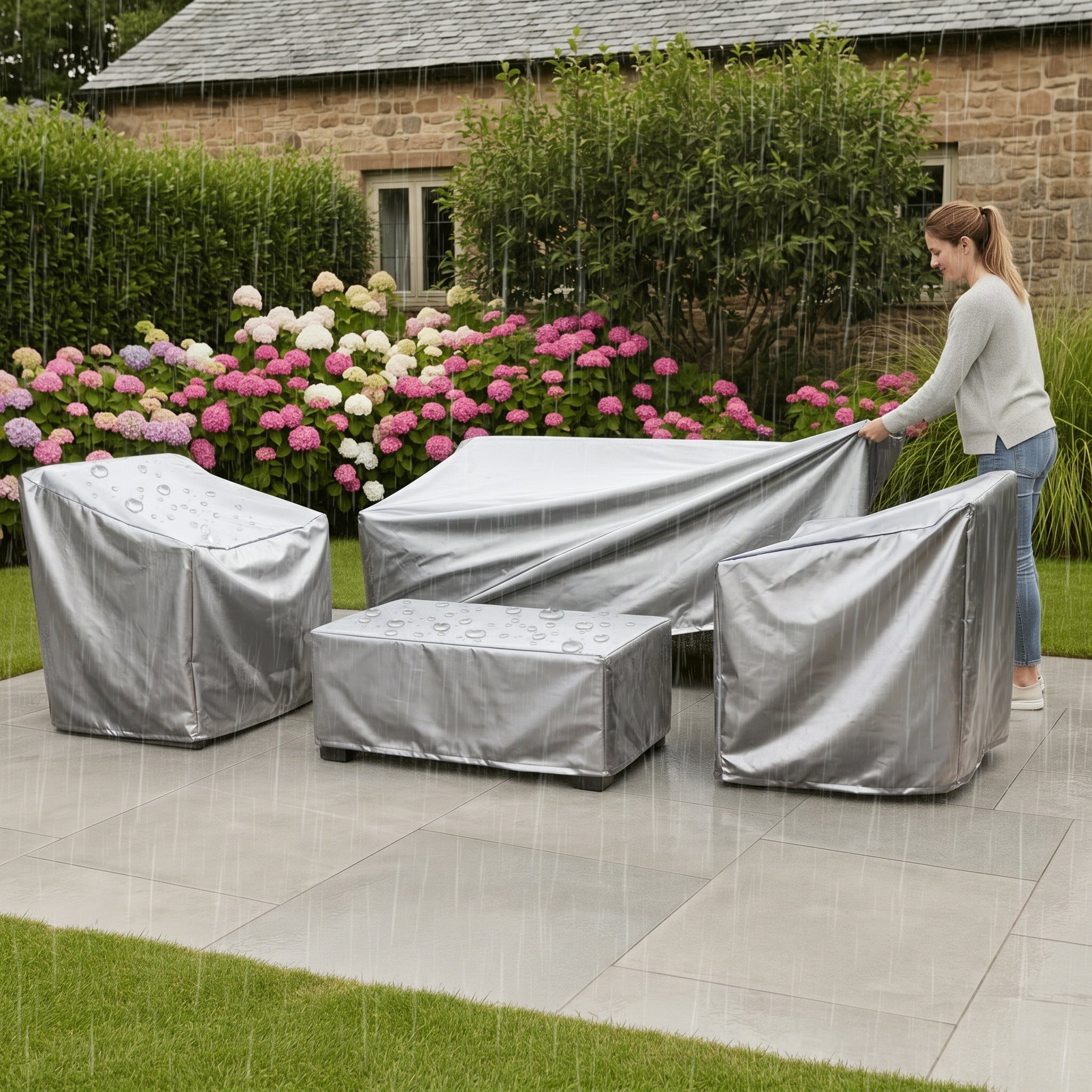Wetterfeste Schutzhüllen für Gartenmöbel im Set - Möbelabdeckung - Silber - Voldeva