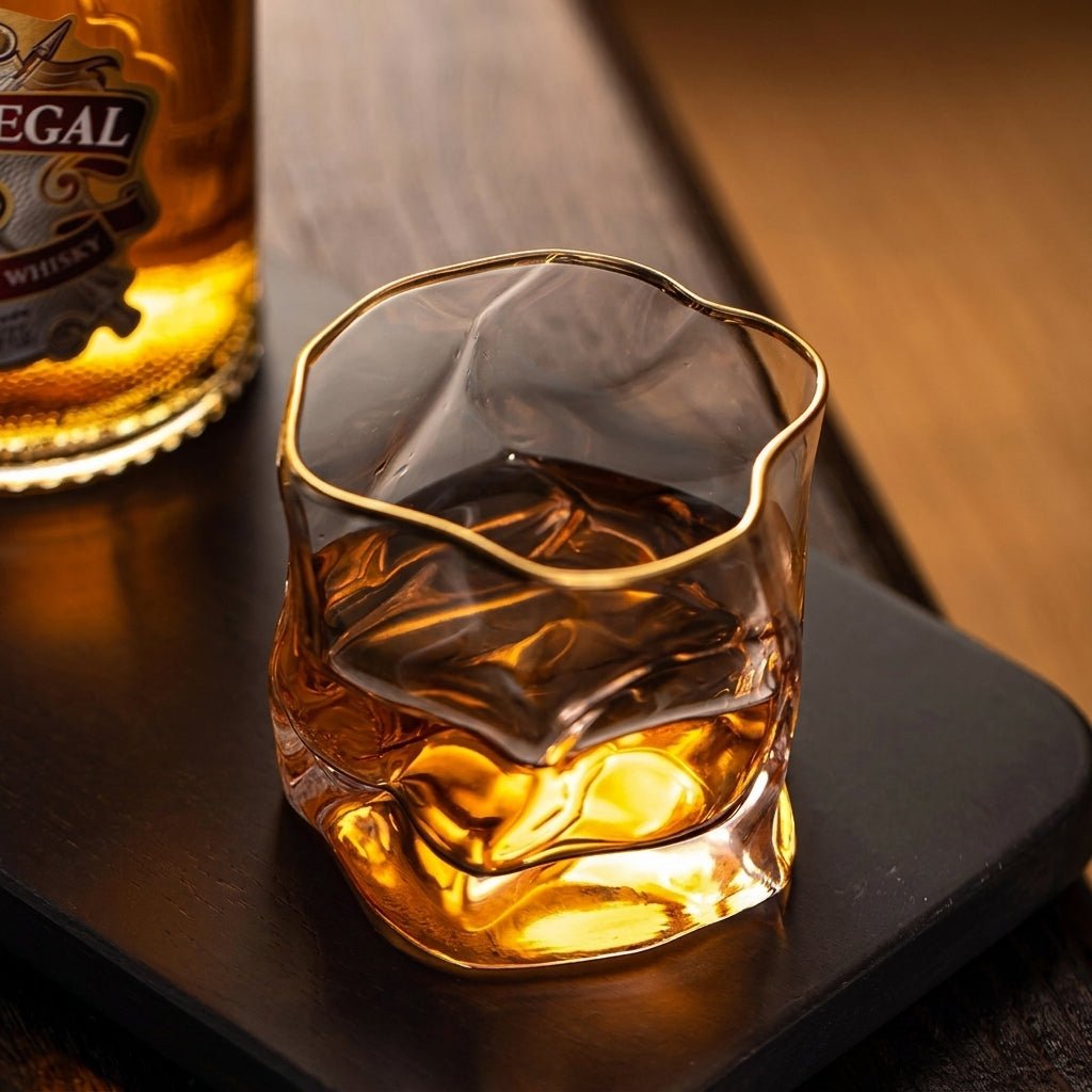 Whiskyglas mit Wellenmuster und goldenem Rand - Trinkglas - Voldeva