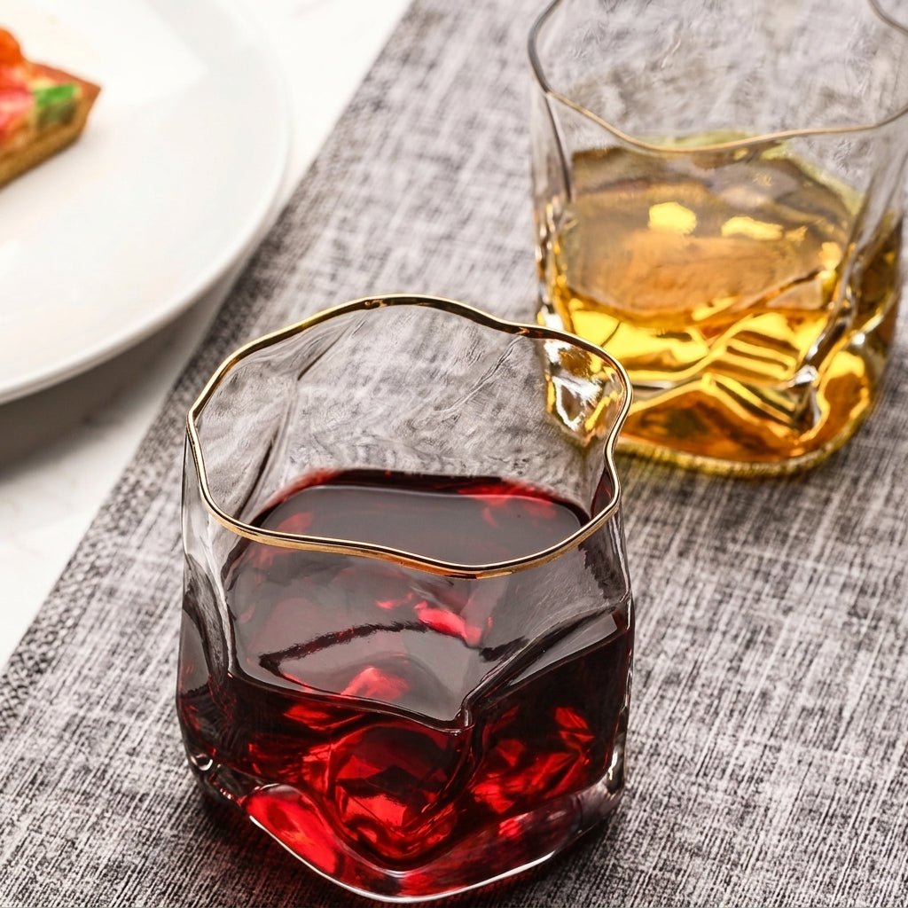 Whiskyglas mit Wellenmuster und goldenem Rand - Trinkglas - Voldeva