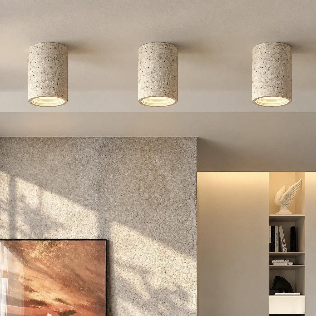 Zylindrische Deckenleuchte im Wabi-Sabi Design mit Travertin-Optik - Ceiling Light Fixtures - Weiß - Voldeva