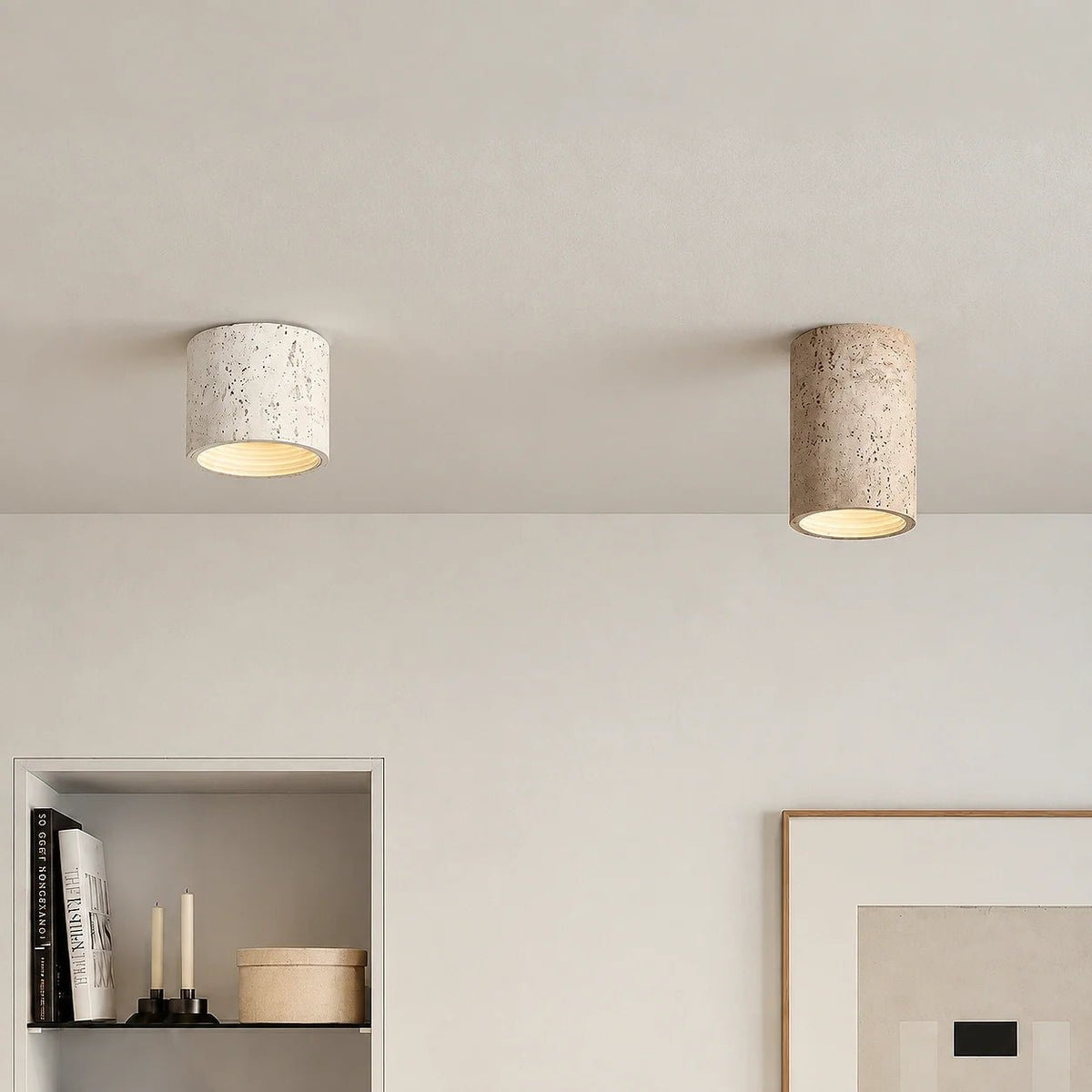 Zylindrische Deckenleuchte im Wabi-Sabi Design mit Travertin-Optik - Ceiling Light Fixtures - Beige - Voldeva