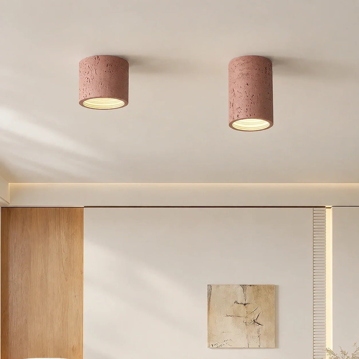 Zylindrische Deckenleuchte im Wabi-Sabi Design mit Travertin-Optik - Ceiling Light Fixtures - Rot - Voldeva