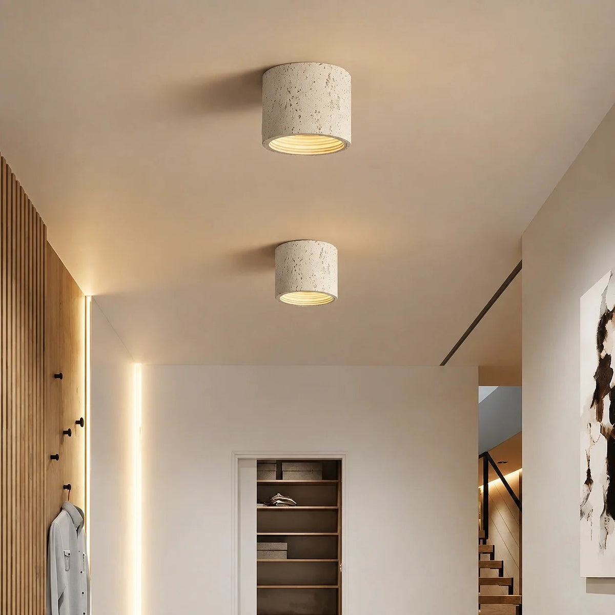 Zylindrische Deckenleuchte im Wabi-Sabi Design mit Travertin-Optik - Ceiling Light Fixtures - Weiß - Voldeva